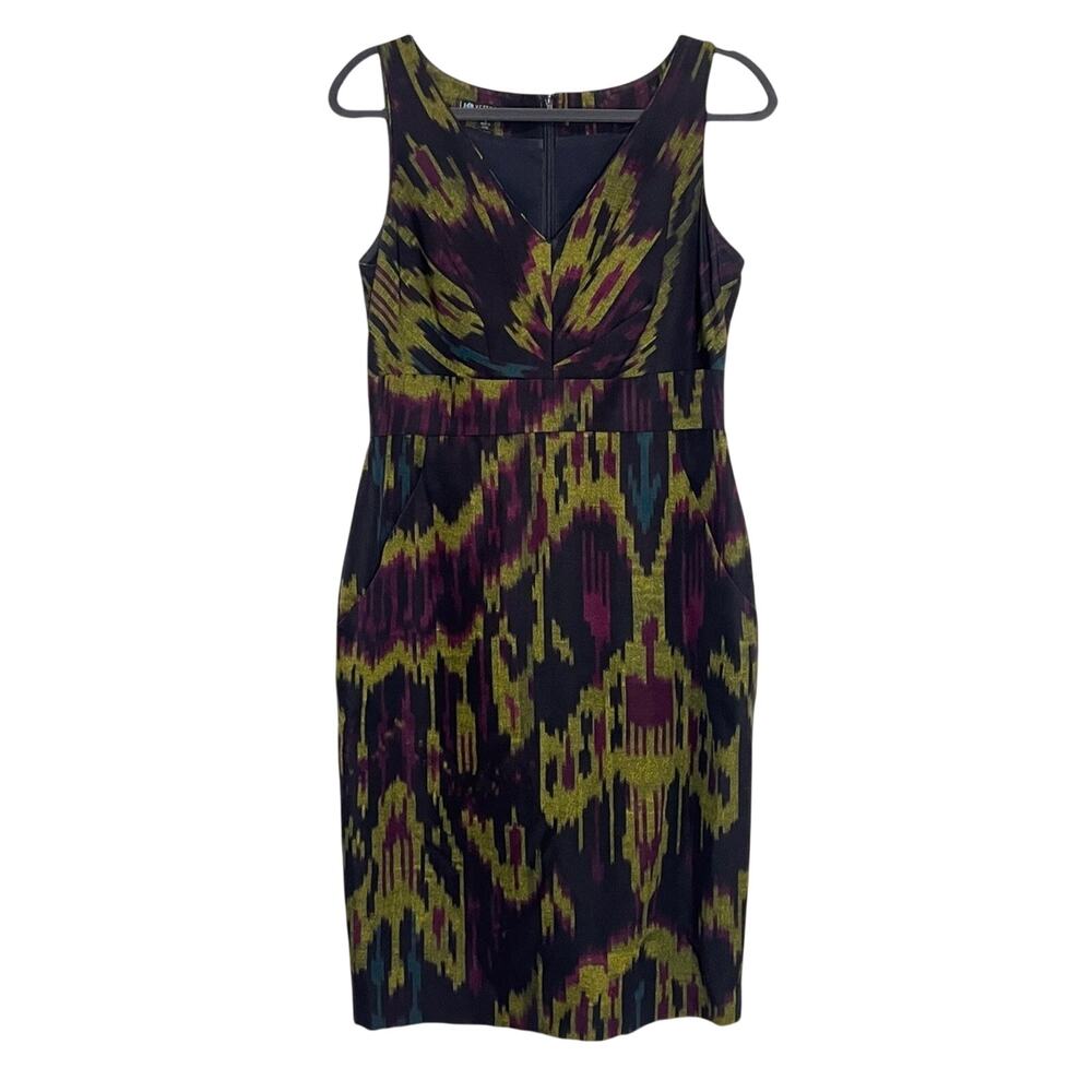 Lafayette 148 New York Dress Size 8 Navy Blue Green Ikat Print Sleeveless Sheath